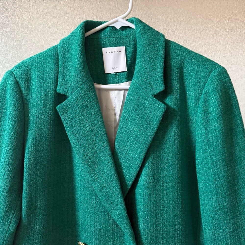 SANDRO Jacy Tweed Double Breasted Blazer Emerald Green Sz 42 EU / US 10 - Picture 5 of 11